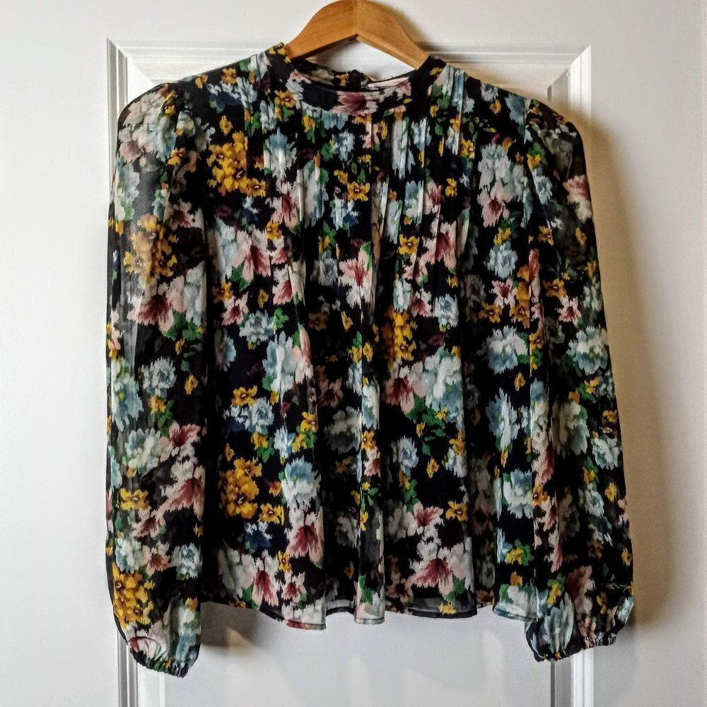 MNG Black Floral Pleated Yoke LS Top